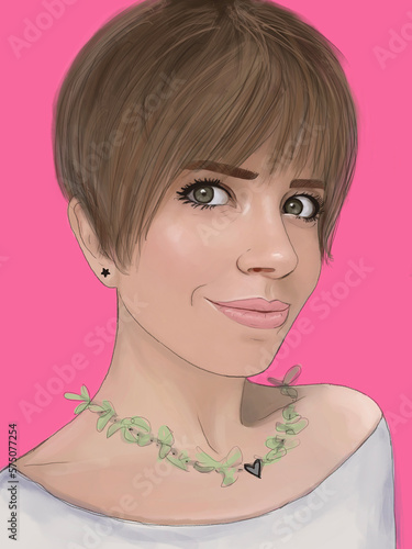Beauty portrait of young smiling caucasian pretty girl with healthy glowing skin, short haircut, illustration on pink background