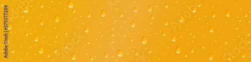 Orange juice background with drops. Beer droplets isolated on orange gradient backdrop. Poster, banner template with liquid bubbles. Vector illustration