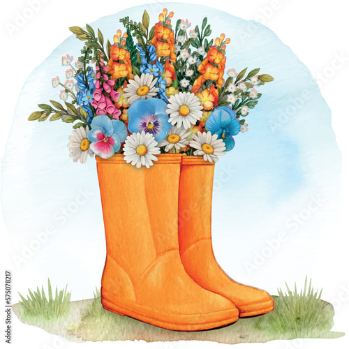 watercolor rubber boots with floral bouquet