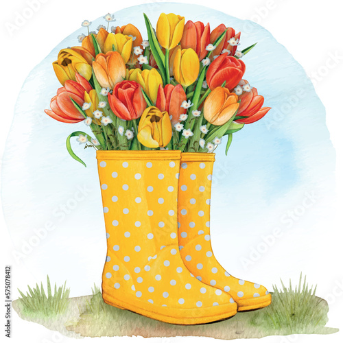 watercolor rubber boots with floral bouquet