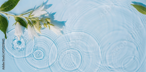 Fototapeta Naklejka Na Ścianę i Meble -  Transparent background texture of water with drops, ripples and flowers