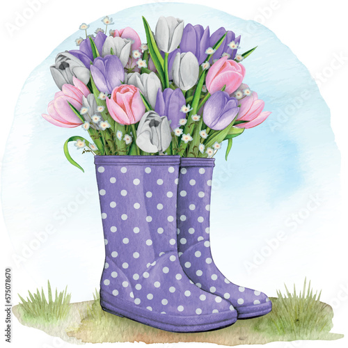 watercolor rubber boots with floral bouquet