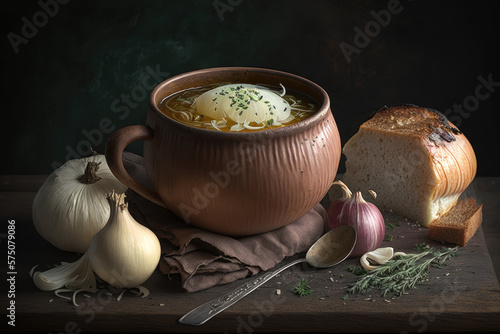 Classic French onion soup baked with cheese croutons Generative AI