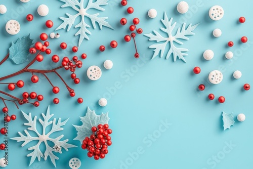 Christmas Decoration Snowflake, Red Berry, Winter Blue Background Joyful Seanson New Year Celebration. Generative AI photo