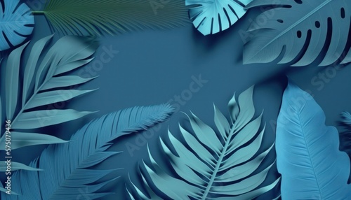 Tropical Leaves Blue Wallpaper Tone Background Collection Space Inspired Environment Backdrop. Generative AI