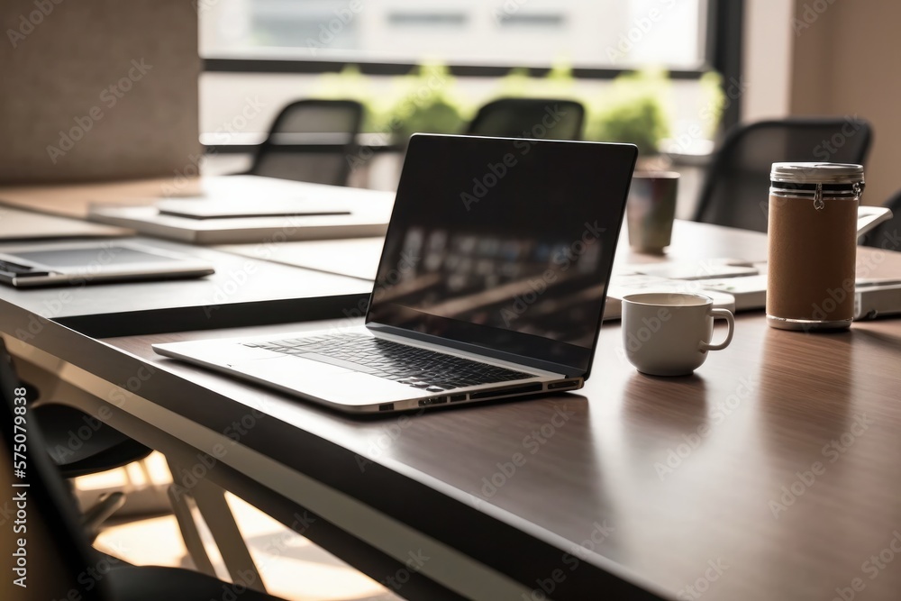 This is a mockup of a laptop sitting on a table in the office of a computer business in a productive meeting room. Generative AI This is a mockup of a laptop sitting on a table in the office of a computer business in a productive meeting room. Generative AI