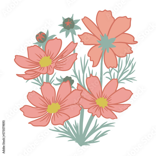 Hand drawn illustration of beige orange cosmos flowers with green leaves. Elegant summer foral composition with blossom blom foliage  for greeting cards invitations poster  nature natural pastel 