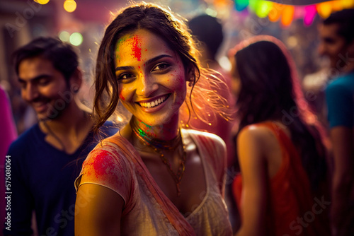 A fictional person, young woman enjoying at a street party, Holi Festival, Indian, celebrating, happy, generative art, generative ai 