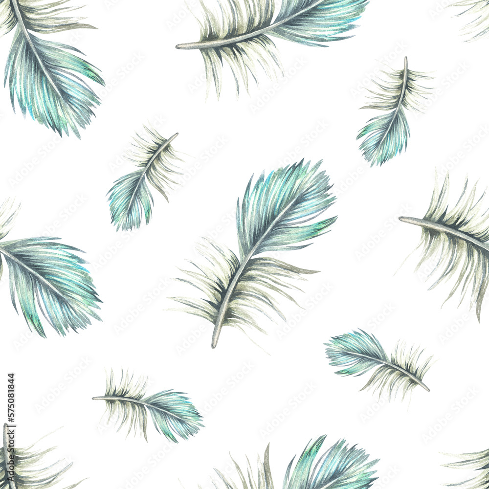 Naklejka premium Feathers seamless pattern. Watercolor illustration. Isolated on a white background. Boho style print. For the design of bed linen, pillows, wrapping paper, napkins, towels, fabric