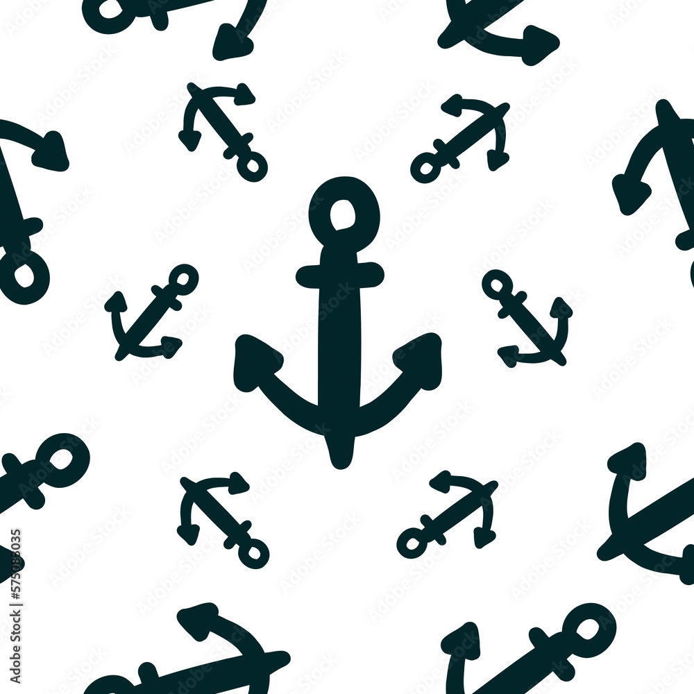 Sea anchor in doodle style. Vector seamless pattern on white background.