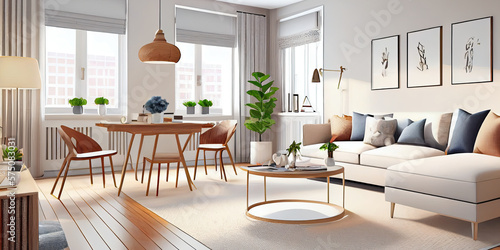 Stylish scandinavian living room with design mint sofa  furnitures  mock up poster map  plants and elegant personal accessories. Modern home decor. Bright and sunny room. Generative AI illustration.