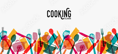 Cooking class kitchen utensils colorful doodle banner illustration design