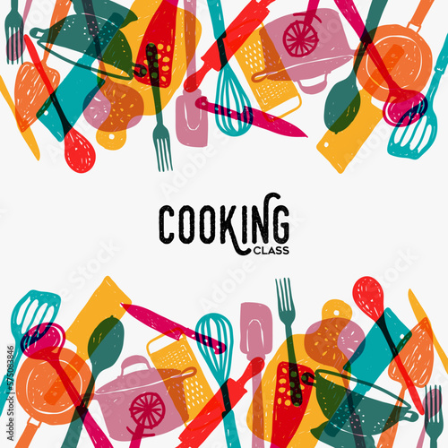 Cooking class kitchen utensils colorful doodle illustration background