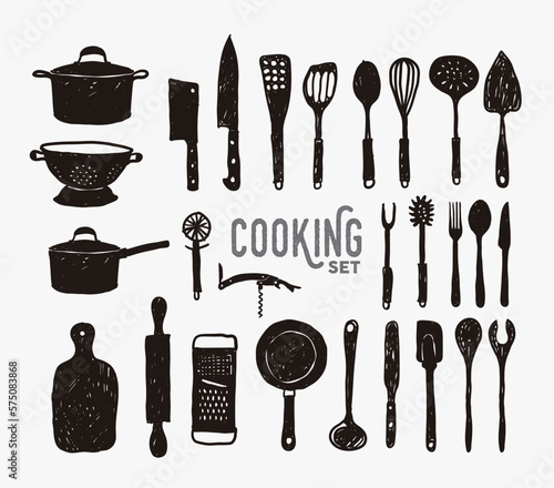  Kitchen utensils in  black doodle style collection isolated background