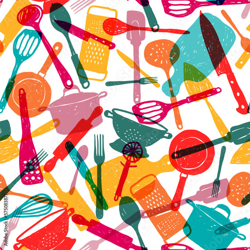 Kitchen utensils colorful doodle style seamless pattern background