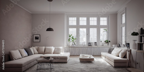 Stylish scandinavian living room with design mint sofa, furnitures, mock up poster map, plants and elegant personal accessories. Modern home decor. Bright and sunny room. Generative AI illustration.