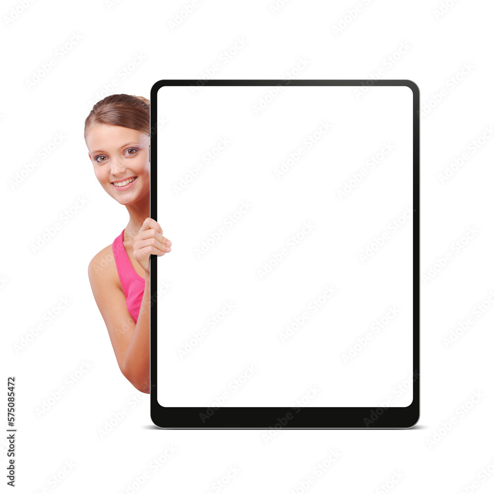 Happy woman showing a digital tablet Happy woman showing a digital tablet