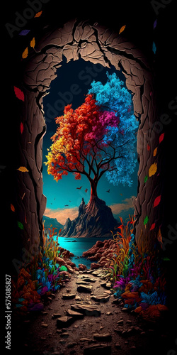 Colorful mystical tree at beautiful landscape Generative AI