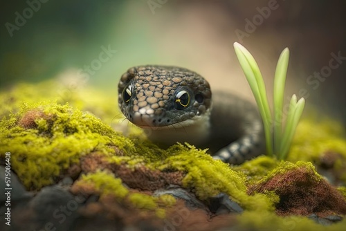 Image of a newborn naja sputrix snake on moss, curled up and ready to strike. Generative AI photo