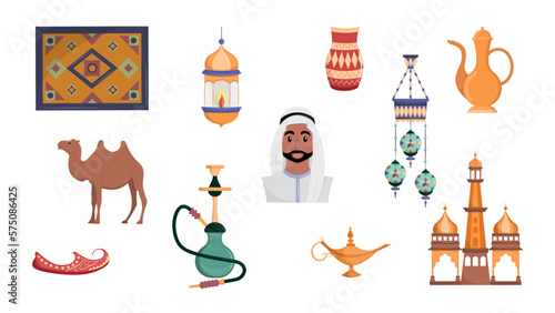 Vector set of 11 Eastern Islamic cultural items. Traditional Arabic elements from the Middle East. Flat vector illustration.