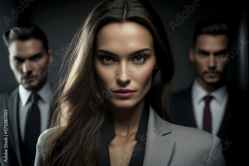 Beautiful strong woman with suit working at office Generative AI