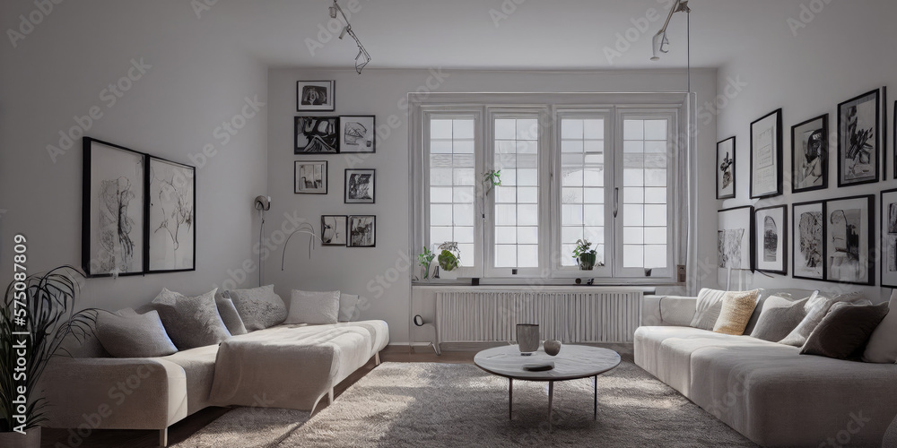 Fototapeta premium Stylish scandinavian living room with design mint sofa, furnitures, mock up poster map, plants and elegant personal accessories. Modern home decor. Bright and sunny room. Generative AI illustration.