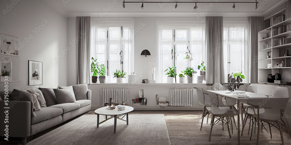 Fototapeta premium Stylish scandinavian living room with design mint sofa, furnitures, mock up poster map, plants and elegant personal accessories. Modern home decor. Bright and sunny room. Generative AI illustration.