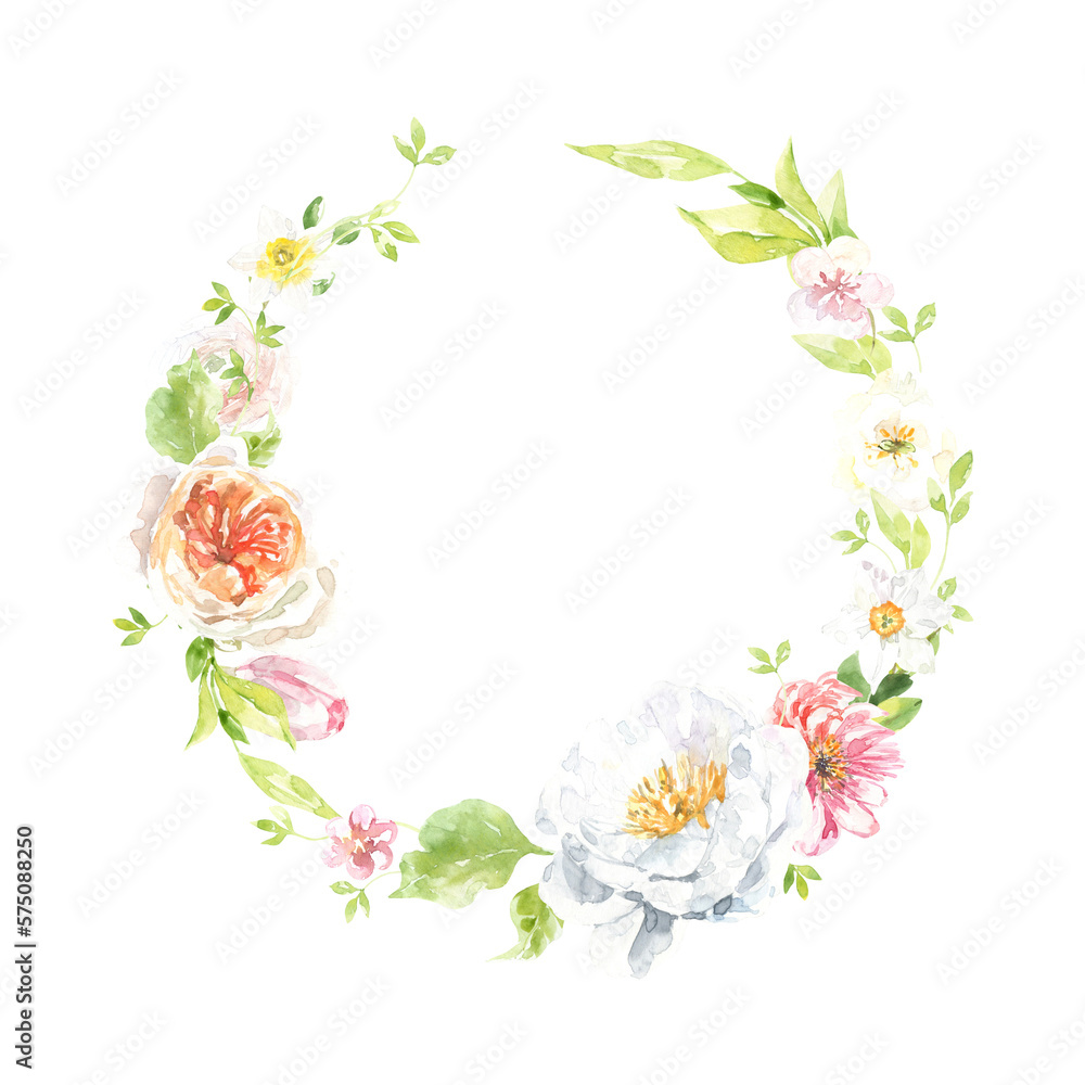 Fototapeta premium Watercolor Easter floral wreath illustration, spring animal round frame with cute duck for baby shower invitation, easter egg hunt invite, spring wedding, greeting card, nursery printable frame art