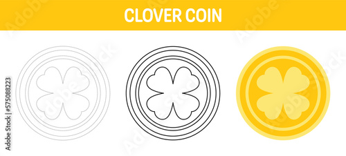 Clover Coin tracing and coloring worksheet for kids