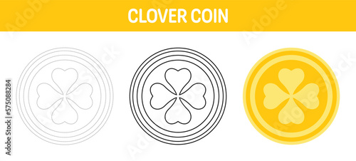 Clover Coin tracing and coloring worksheet for kids