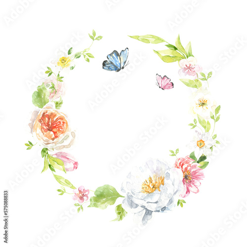 Watercolor Easter floral wreath illustration, spring animal round frame with cute duck for baby shower invitation, easter egg hunt invite, spring wedding, greeting card, nursery printable frame art