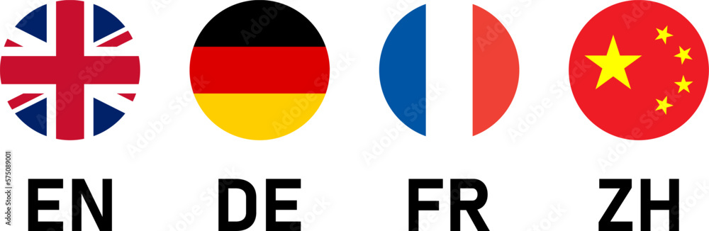 Round Flag Selection Button Badge Icon Set including UK, Germany France and China Flags with Language Codes for English German French and Chinese. Vector Image.