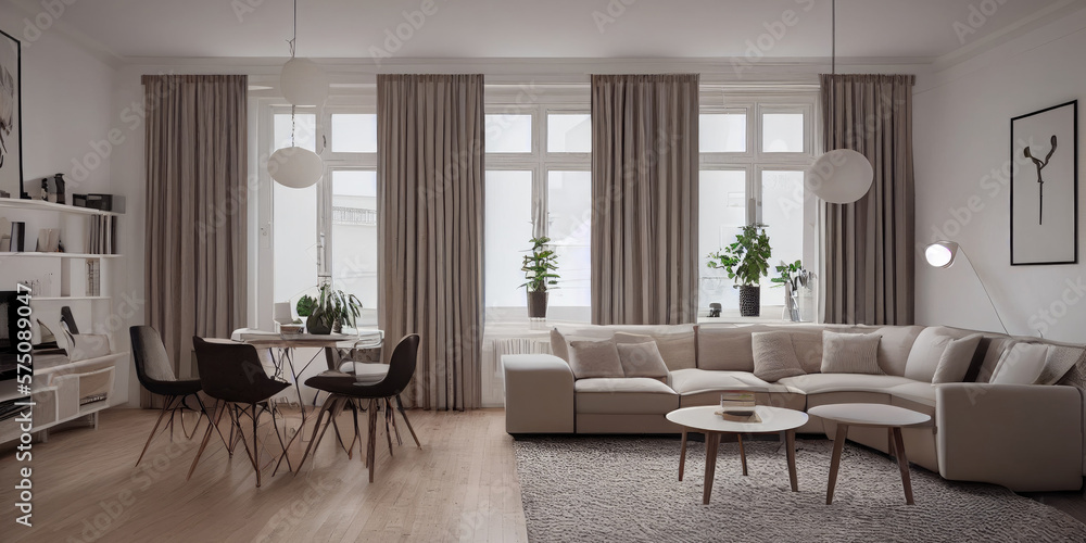 Fototapeta premium Stylish scandinavian living room with design mint sofa, furnitures, mock up poster map, plants and elegant personal accessories. Modern home decor. Bright and sunny room. Generative AI illustration.