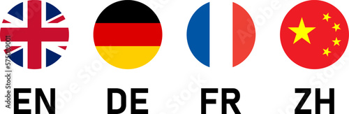 Round Flag Selection Button Badge Icon Set including UK, Germany France and China Flags with Language Codes for English German French and Chinese. Vector Image.