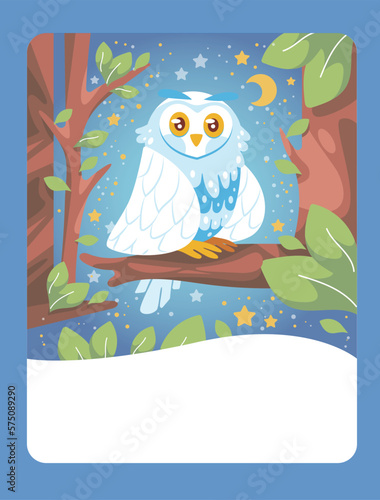 Vector illustration of an owl in cartoon style in the night forest. It can be used as a playing card, learning material for kids.