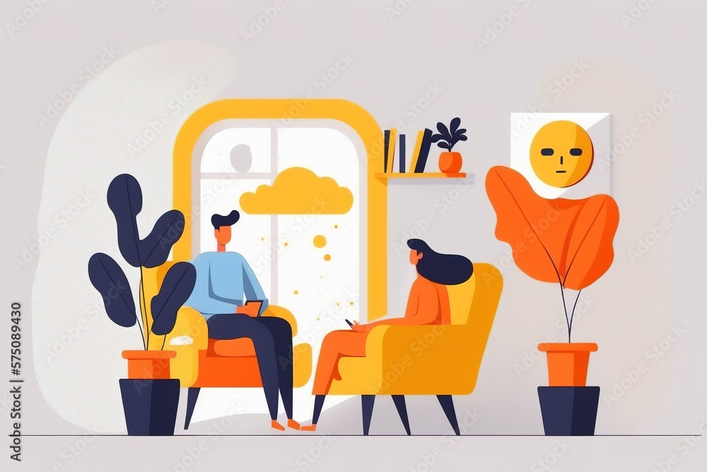 Flat design illustration of psychotherapy session. Mental health concept. Generative AI