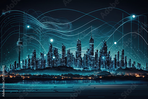 Smart city and big data connection technology concept, blue wavy wires, night megapolis, city skyline background, double exposure, Cityscape, technology, city, vector, digital, office,