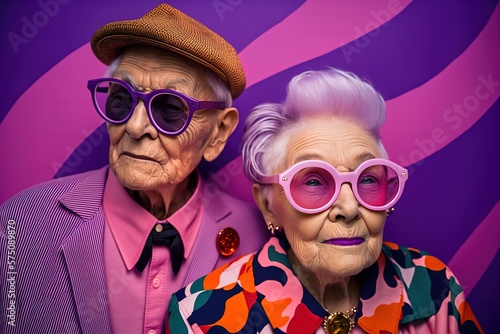 A Caucasian senior couple is wearing fashionable colorful clothes and modern sunglasses. Pink, purple background. Studio shot. Generative AI