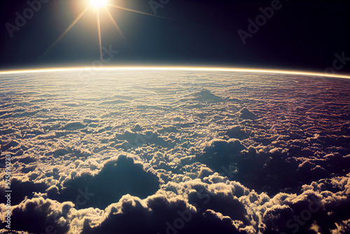Beautiful shot of earth from space, calm clouds seen at space with shinning sun Generative AI