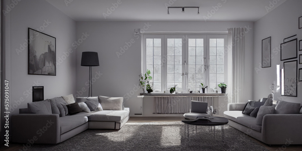 Fototapeta premium Stylish scandinavian living room with design mint sofa, furnitures, mock up poster map, plants and elegant personal accessories. Modern home decor. Bright and sunny room. Generative AI illustration.