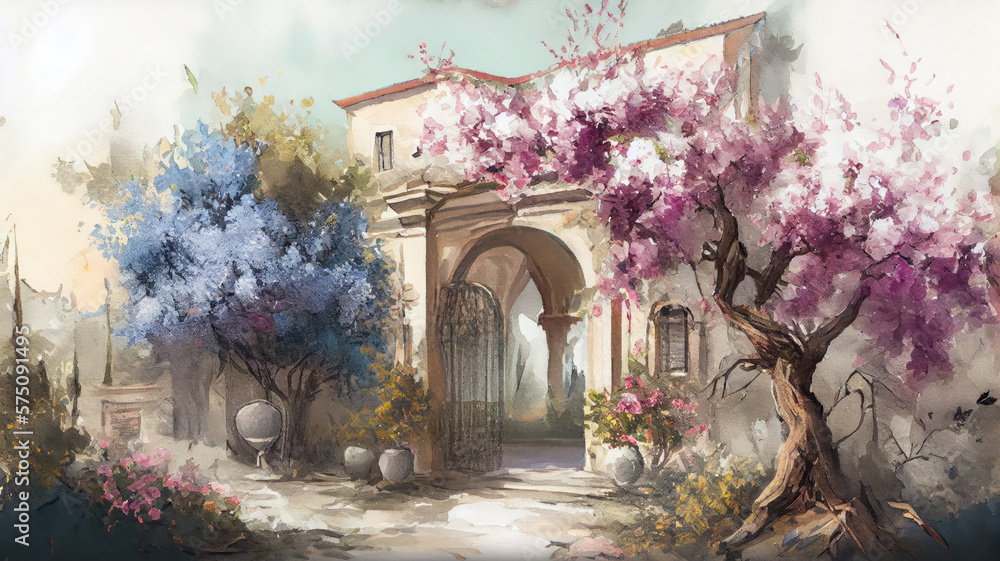 Fototapeta premium Watercolor Toscana Italy or Provence France. OLd House in spring blooming garden, blossoming apple tree, cherry tree and lilac, blurred background, generative ai