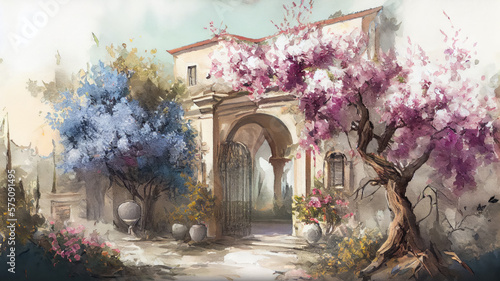 Watercolor Toscana Italy or Provence France. OLd House in spring blooming garden, blossoming apple tree, cherry tree and lilac, blurred background, generative ai © maxa0109