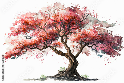 Colorful cherry blossom tree illustration with watercolors on white isolated background.Cherry blossom day.March 27.Copy space.Text space.Created with generative ai