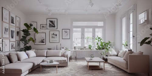 Stylish scandinavian living room with design mint sofa  furnitures  mock up poster map  plants and elegant personal accessories. Modern home decor. Bright and sunny room. Generative AI illustration.