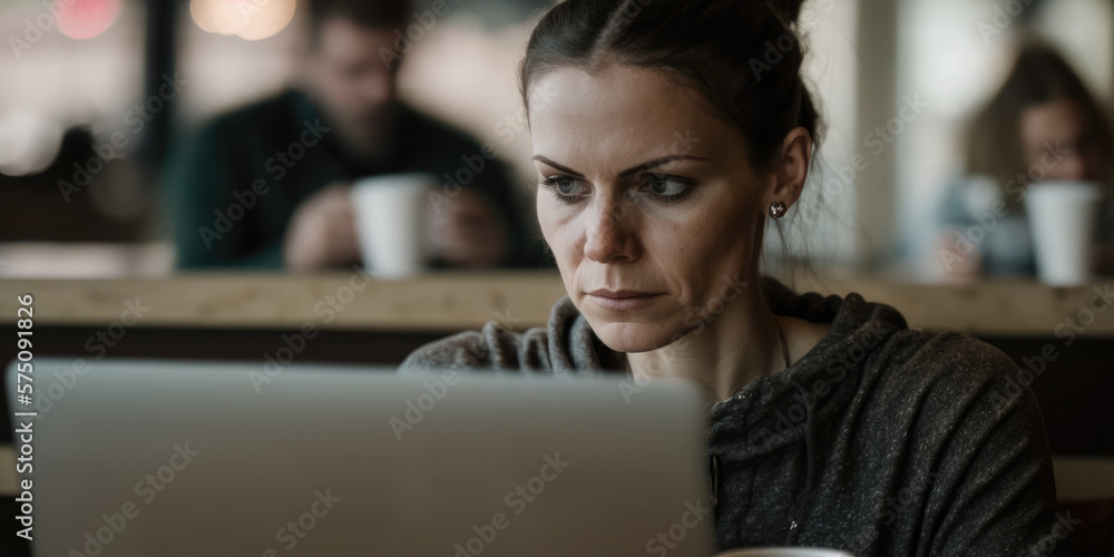 A woman typing on her laptop at a coffee shop, showcasing her use of technology and mobile communication to achieve productivity and efficiency (created with Generative AI)
