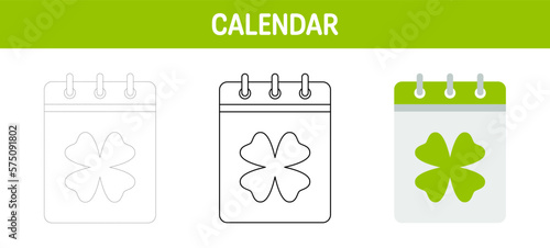 Calendar with Clover tracing and coloring worksheet for kids