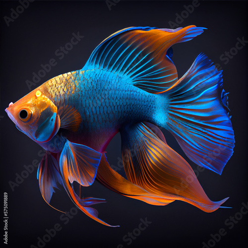 A colorful fish with a black background and the word gold on it. Generative ai