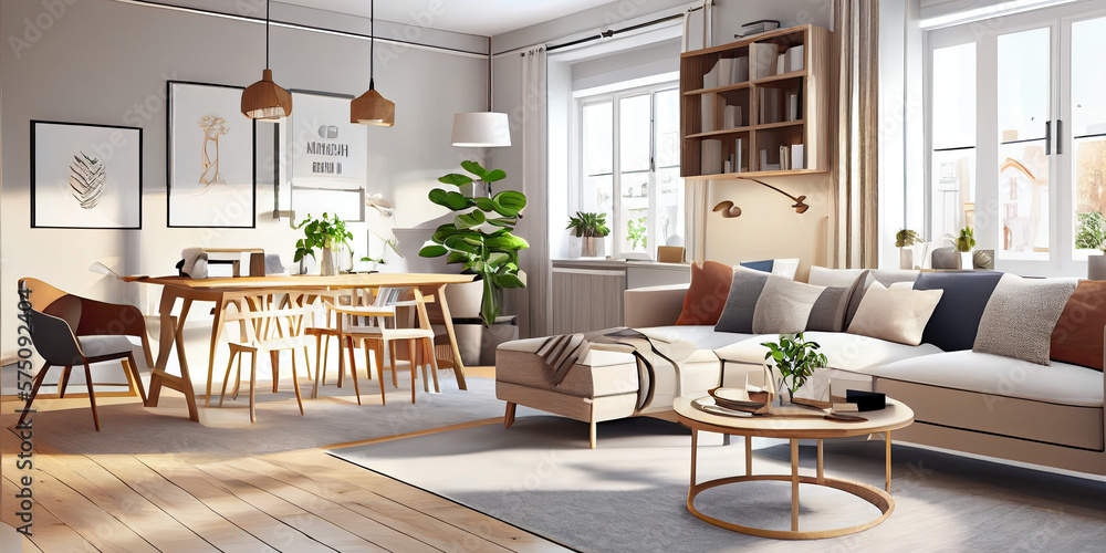 Fototapeta premium Stylish scandinavian living room with design mint sofa, furnitures, mock up poster map, plants and elegant personal accessories. Modern home decor. Bright and sunny room. Generative AI illustration.