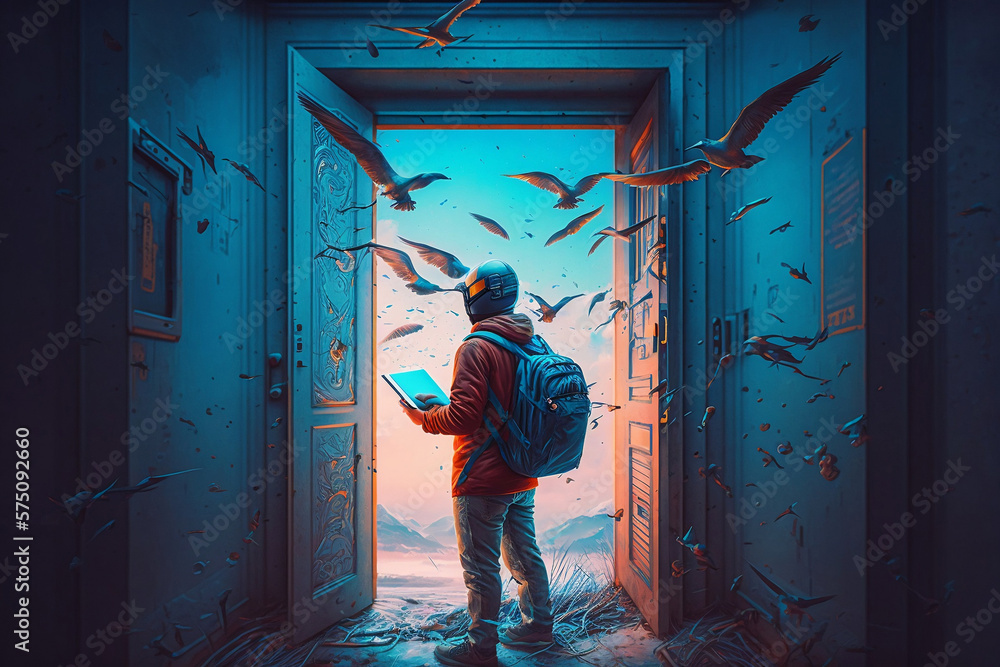 Obraz premium A boy man with a virtual reality glasses looking at a book, made with Generative AI