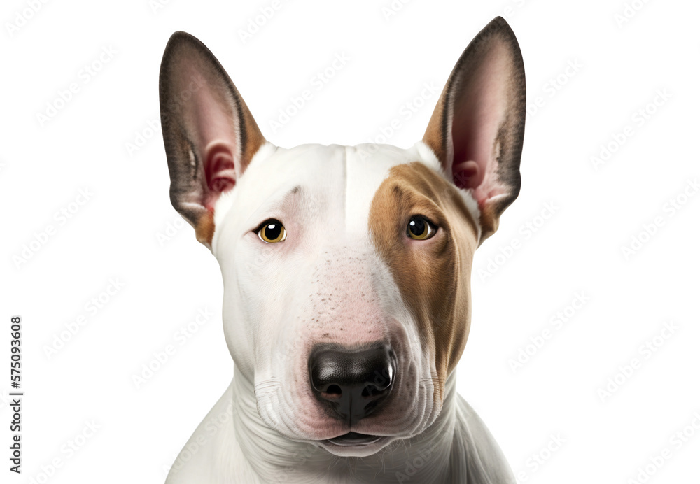English Bull Terrier portrait isolated on white background. Bullterrier dog breed, close up face